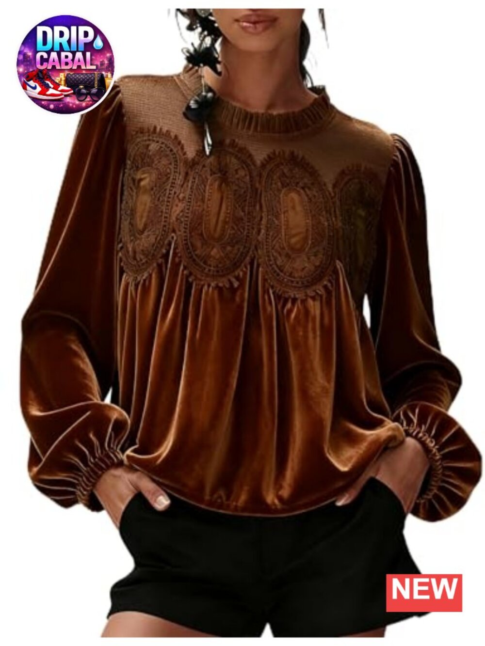 Velvet Trim Lace Blouse Long Sleeve Flared Swing Top Elegant Casual Wear